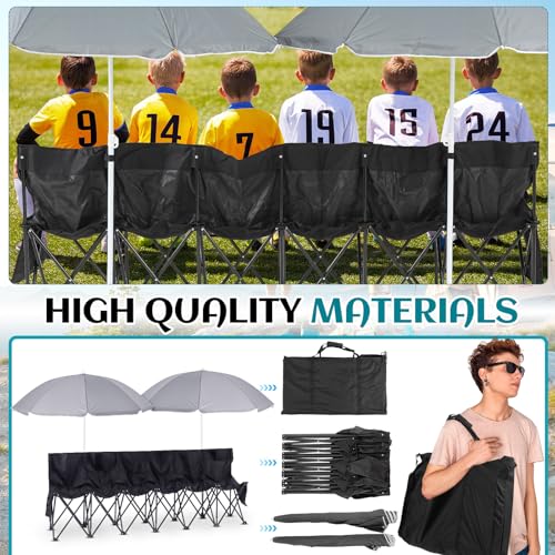 6 Seat Portable Folding Soccer Bench with Umbrella - Black