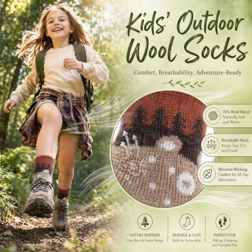 Kids Wool Socks 8-12 Years Boys Girls Merino Wool Hiking Athletic Socks Bear Design