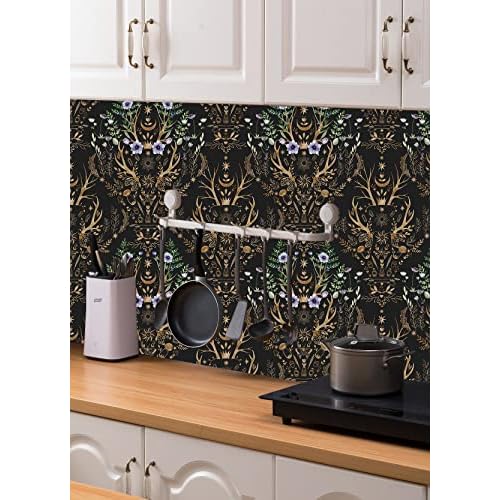 HAOKHOME Gothic Wallpaper Peel and Stick Retro Floral Damask Bronze/Black/Purple Witchy Wall Decor Bathroom Removable Mural 17.7in x 6.5ft
