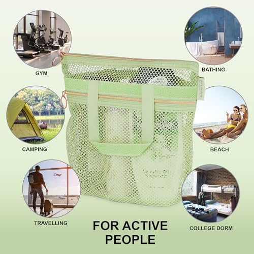 Mesh Shower Caddy - Quick-Dry Toiletry Bag with Zipper & Pockets - Small Light Green