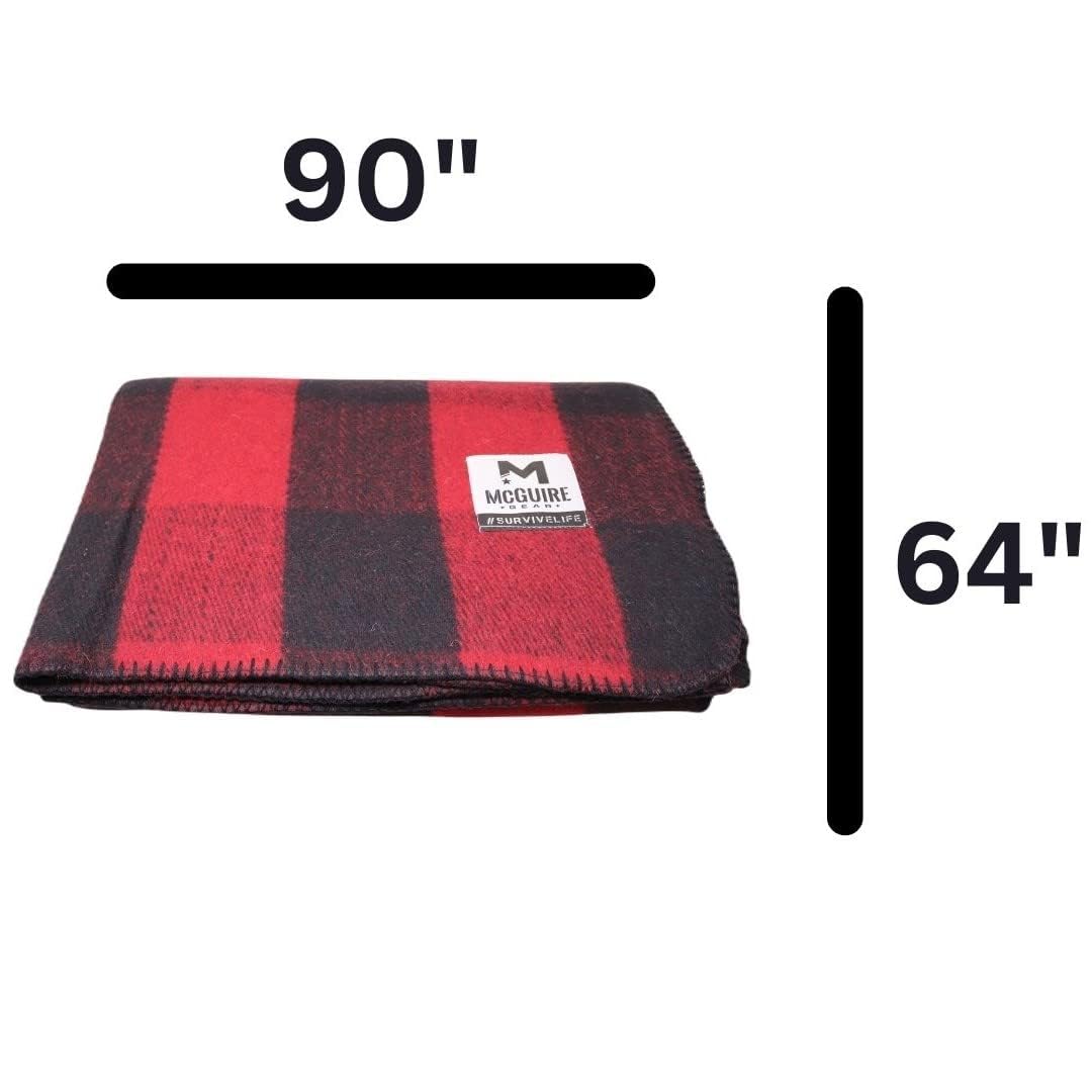 M MCGUIRE GEAR Warm Wool Bunkhouse Plaid Blanket for Camping, Home, Survival, or First-Aid, 64" x 90" (Red/Black)