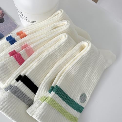 Solid Color Two Stripe Crew Socks - Pink Smiling Face