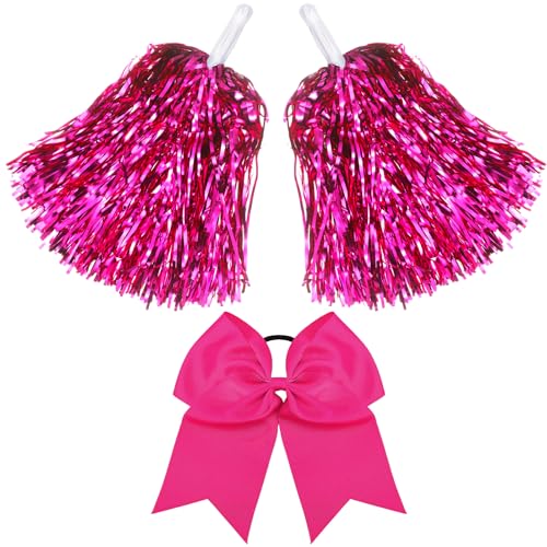 Cheerleading Pom Poms & Large Hair Bow Set - Rose Red