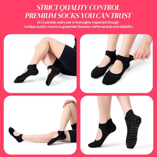Pilates Socks with Grips for Women - 4 Pairs Open Top Black