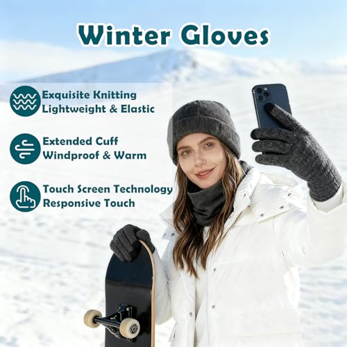 Winter Hats Neck Gaiter Gloves Set - Grey Beanie & Touchscreen Gloves