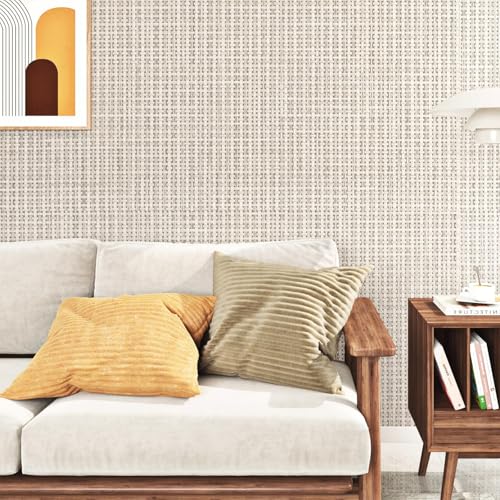FunStick Beige Weave Grasscloth Peel and Stick Wallpaper Textured Wallpaper for Bedroom Bathroom Walls Removable Beige Contact Paper for Cabinets Waterproof Grass Cloth Fabric Wall Paper Roll 16"x80"