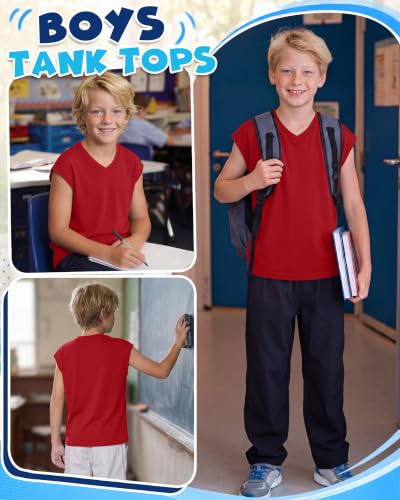 Boys V-Neck Tank Top - Lightweight Cap Sleeve Shirt - Red, 11-12 Years