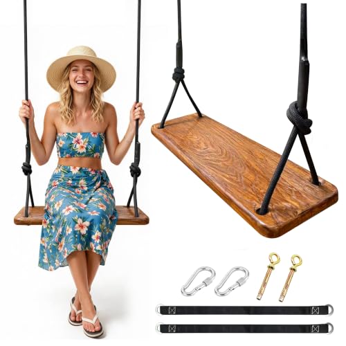 JMZOO Dark Brown Wooden Swing with Adjustable Climbing Rope & Tree Straps