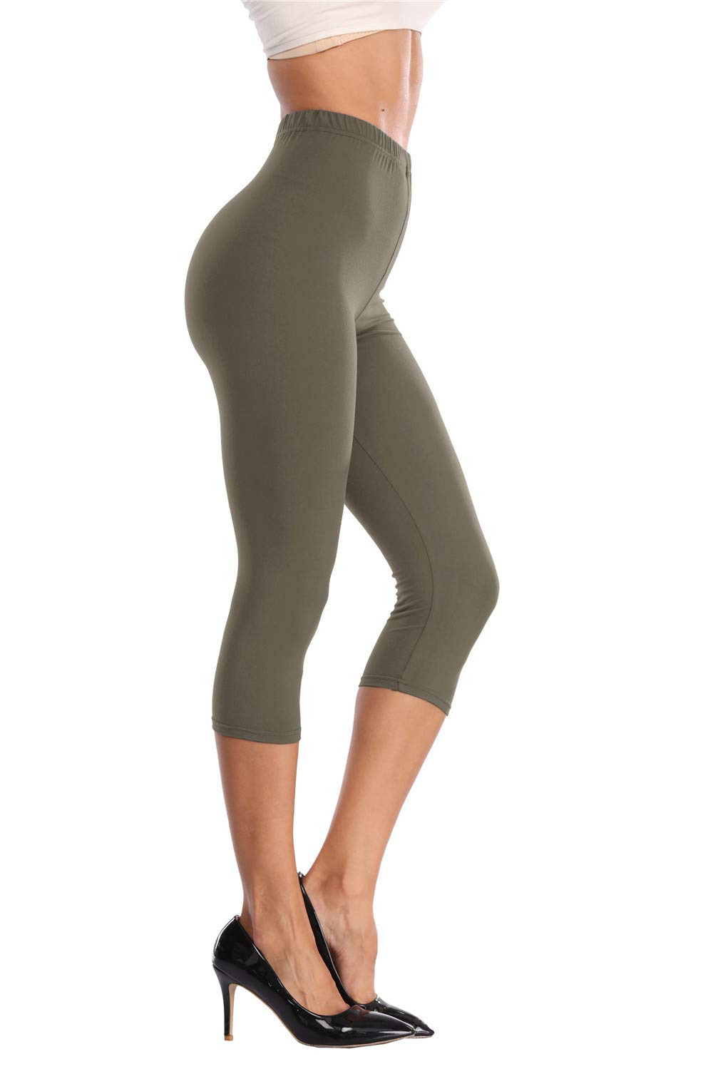 Women's Soft Capri Leggings 3/4 Cropped Leggings High Waisted Capris Tights,ArmyGreen