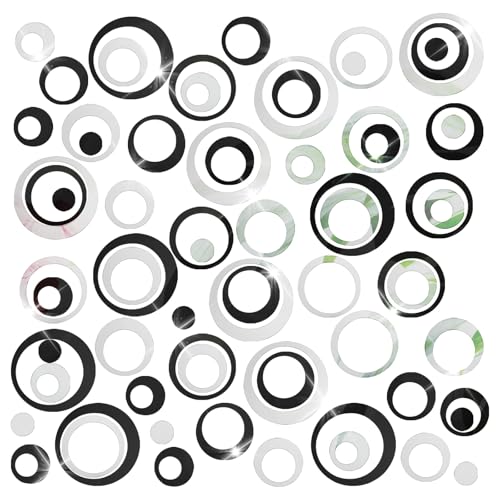 48Pcs Mirror Stickers, Acrylic Circle Wall Stickers Removable DIY Self-Adhesive Hollow Art Mural Wall Decals for Home Office Living Room Bedroom Bathroom Kitchen Decor(Silver, Black)
