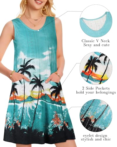 elescat Women's Summer Eyelet Dress Coverup Cyan Coconut Trees Large