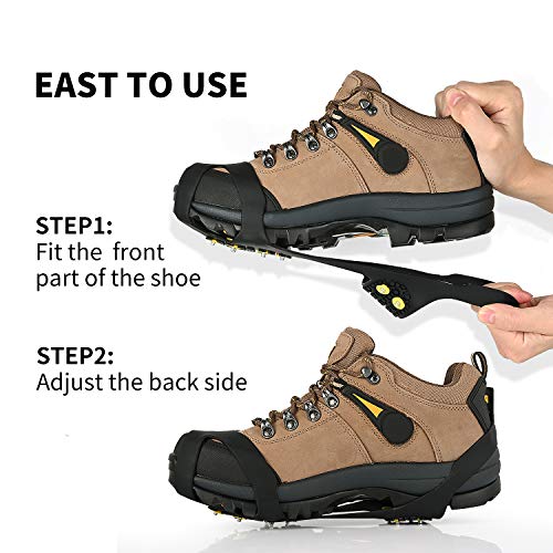 Ice Cleats Traction Grippers - Non-Slip Rubber Spikes with 10 Steel Studs - Black Medium