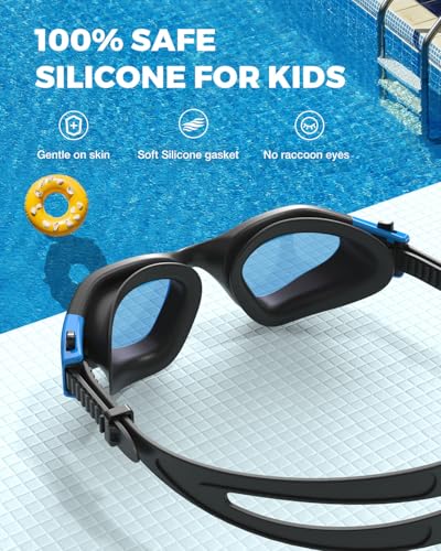 OMID Kids Swim Goggles A0-Black Blue Frame Clear Blue Lens - Comfortable, Anti-Fog, UV Protection for Ages 6-14