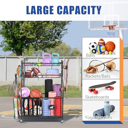 Heavy-Duty Sports Equipment Organizer Cart with Hooks & Bins