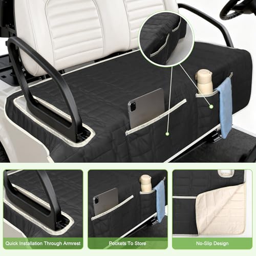Golf Cart Seat Cover - Universal Non-Slip Protector with Storage Pockets - Black Without Ears 51" x 30.5"