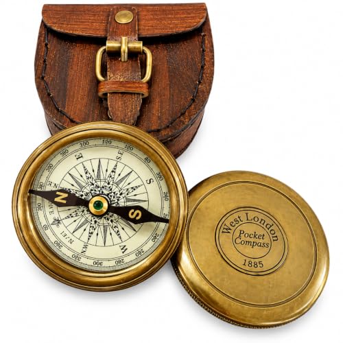 Vintage Brass Pocket Compass with Leather Case - Nautical Navigational Gift for Hiking & Outdoors