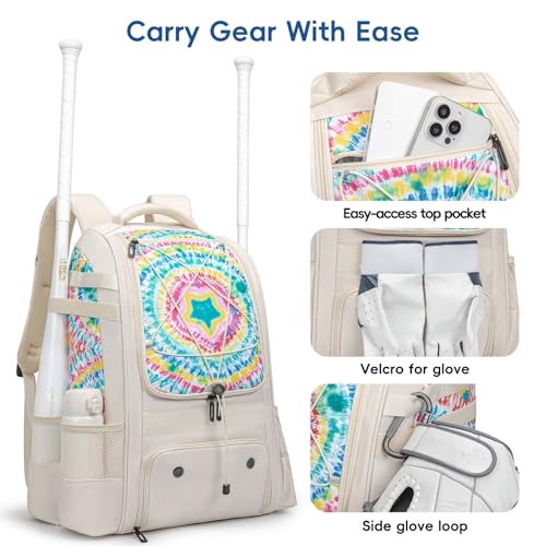 KAVIGOR Beige Baseball Bag for Youth - Large Capacity Softball Backpack with Shoe Compartment & Bat Holders