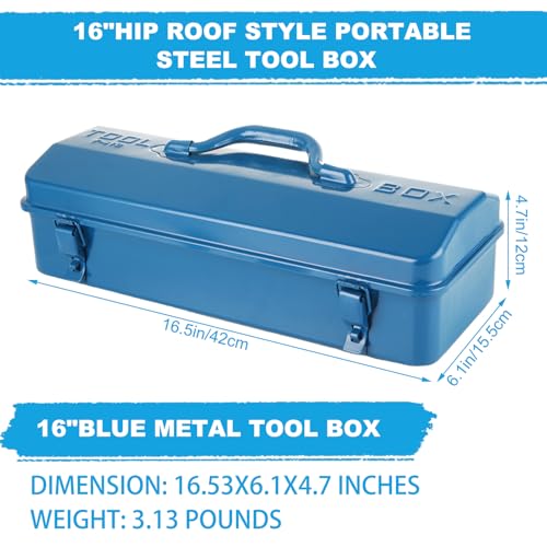 2 PCS Small Metal Tool Box 16 Inch Hip Roof Style Portable Locking Toolbox With Metal Latch Closure & Handle Blue Tool Storage Box