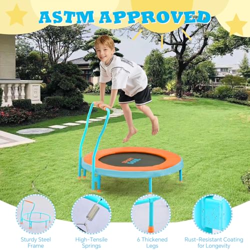 Mini Trampoline for Kids 3-6 with Foam Handle Bar - Orange & Sky Blue