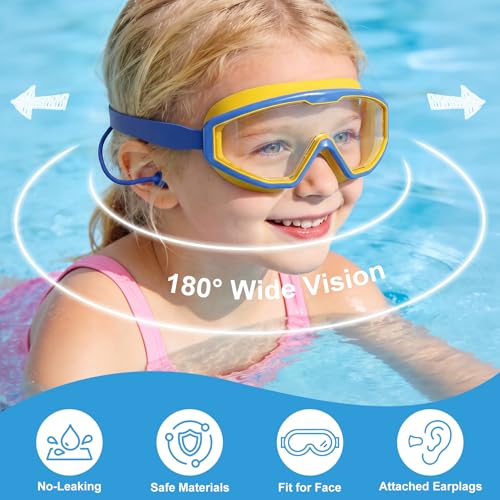 Kids Swim Goggles with Earplugs - Wide View, Anti-Fog, UV Protection - Blue Yellow
