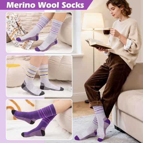 SEEKSOCK Colorful Merino Wool Crew Socks for Women Winter Hiking A1