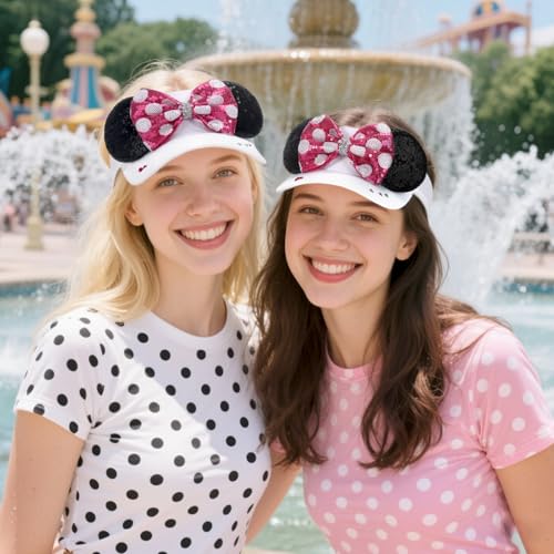 GRAWILLE Sequin Mouse Ears Visor Hat for Women Adjustable Sun Cap - White/Pink