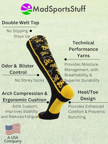 MadSportsStuff Over the Calf Bumble Bee Softball Socks for Girls & Women Small Black & Gold