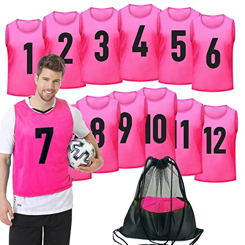 12 Pcs Soccer Pinnies for Youth and Adults - Numbered Mesh Scrimmage Vests