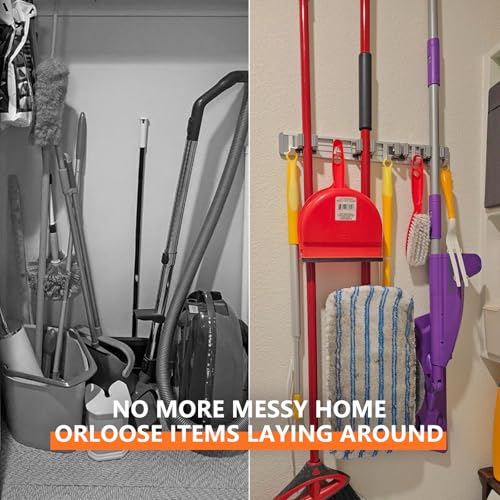 reliahom 2 Pack Broom Holder Wall Mount Mop and Broom Hanger Wall Mounted Garage Storage Rack Kitchen Garden Tool Organizer (5 Racks with 4 Hooks, Silver)