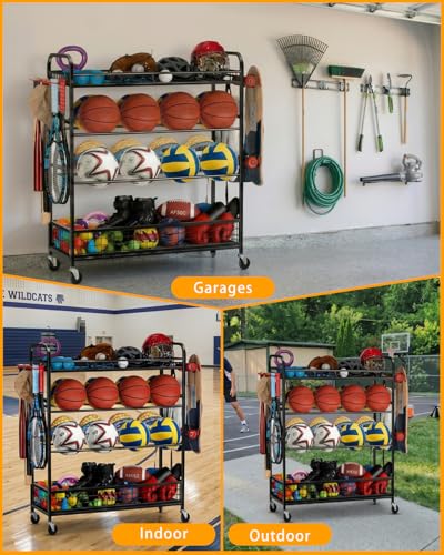 4-Layer Sports Equipment Organizer with Wheels - Ball Storage Rack