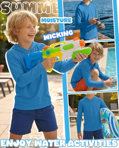 Boys Long Sleeve Rash Guard Hoodie UPF 50+ Sun Shirt - Royal Blue 9-10 Years
