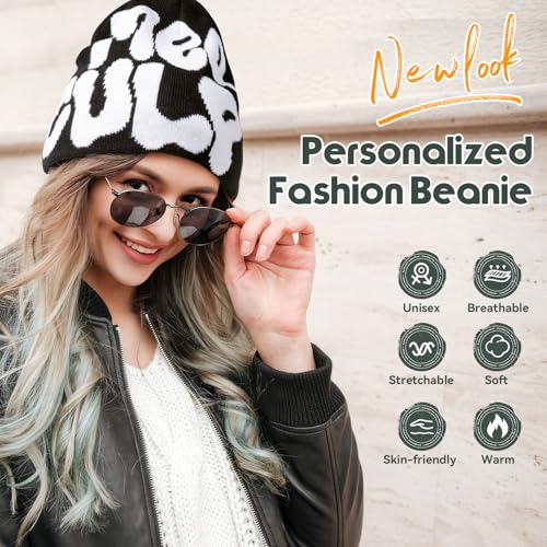 Y2K Graphic Beanie Hat for Women - Knit Skull Cap, Gray