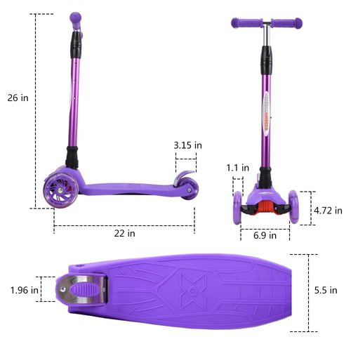 ChromeWheels Scooters for Kids, Deluxe 3 Wheels Kick Scooter 4 Adjustable Height 132lbs Weight Limit, Lean to Steer LED Light Up Wheel, Best Gifts for Girls Boys Ages 3-12 Years Old, Purple