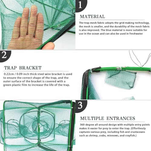 Green Foldable Fishing Trap with 4 Entrance for Minnow, Crab, Shrimp - 27.6 x 10.2 in