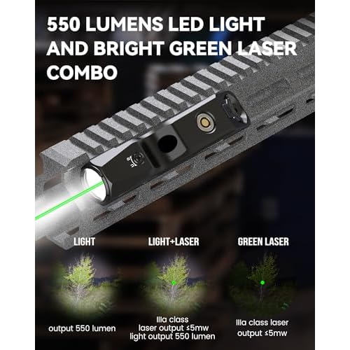 Votatu M9L-G Mini Light Laser Combo Compatible with M-Lok Rail Surface, 550 Lumens Tactical Flashlight and Green Laser Sight with Strobe Function for Rifle, Magnetic Rechargeable