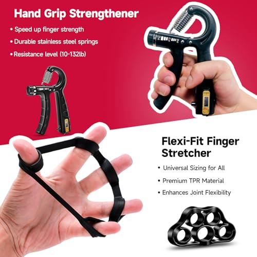 Hand Grip Strengthener Kit - 5 Pack with Adjustable Resistance - Black
