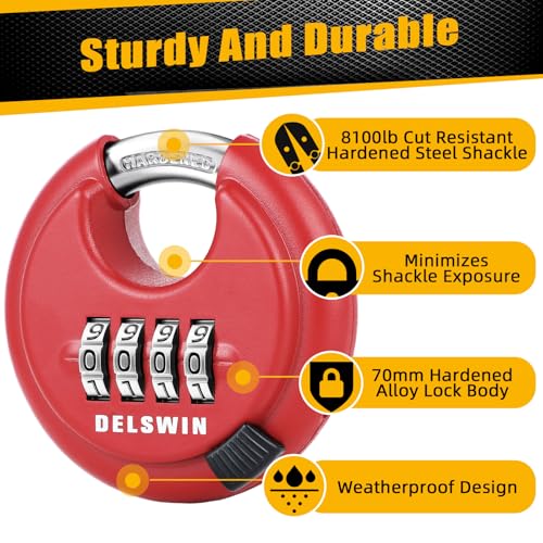 DELSWIN Outdoor Combination Padlock - 4 Digit Heavy Duty Disc Lock with Hardened Shackle,Combo Padlock for Gate,Storage Unit,Fence(25/64" Shackle, Red,2Pcs)