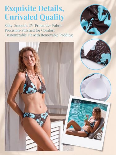 Cupshe Women’s V-Neck Halter Bikini Set, Low Rise Two-Piece Swimsuit — Brown/Blue Floral, Medium