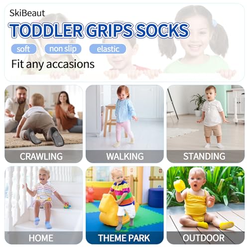 SkiBeaut 12 Pairs Toddler Non-Slip Socks with Grips for Girls & Boys 1-3T - Anti-Skid Kid Socks