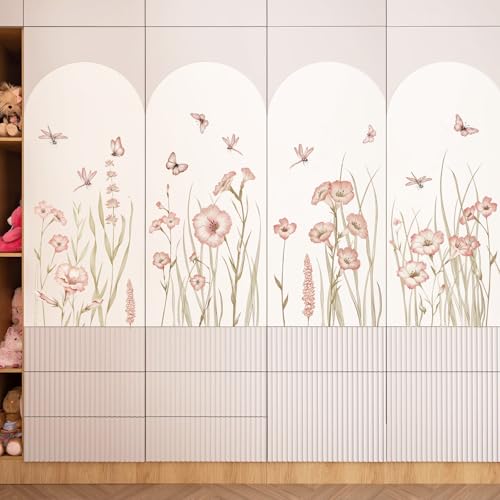 SHUCHING 61''X22 Pink Flower Wall Decal Peel and Stick, Vinyl Wildflower Wall Stickers, Floral Wall Decor Art for Living Room Girl Bedroom