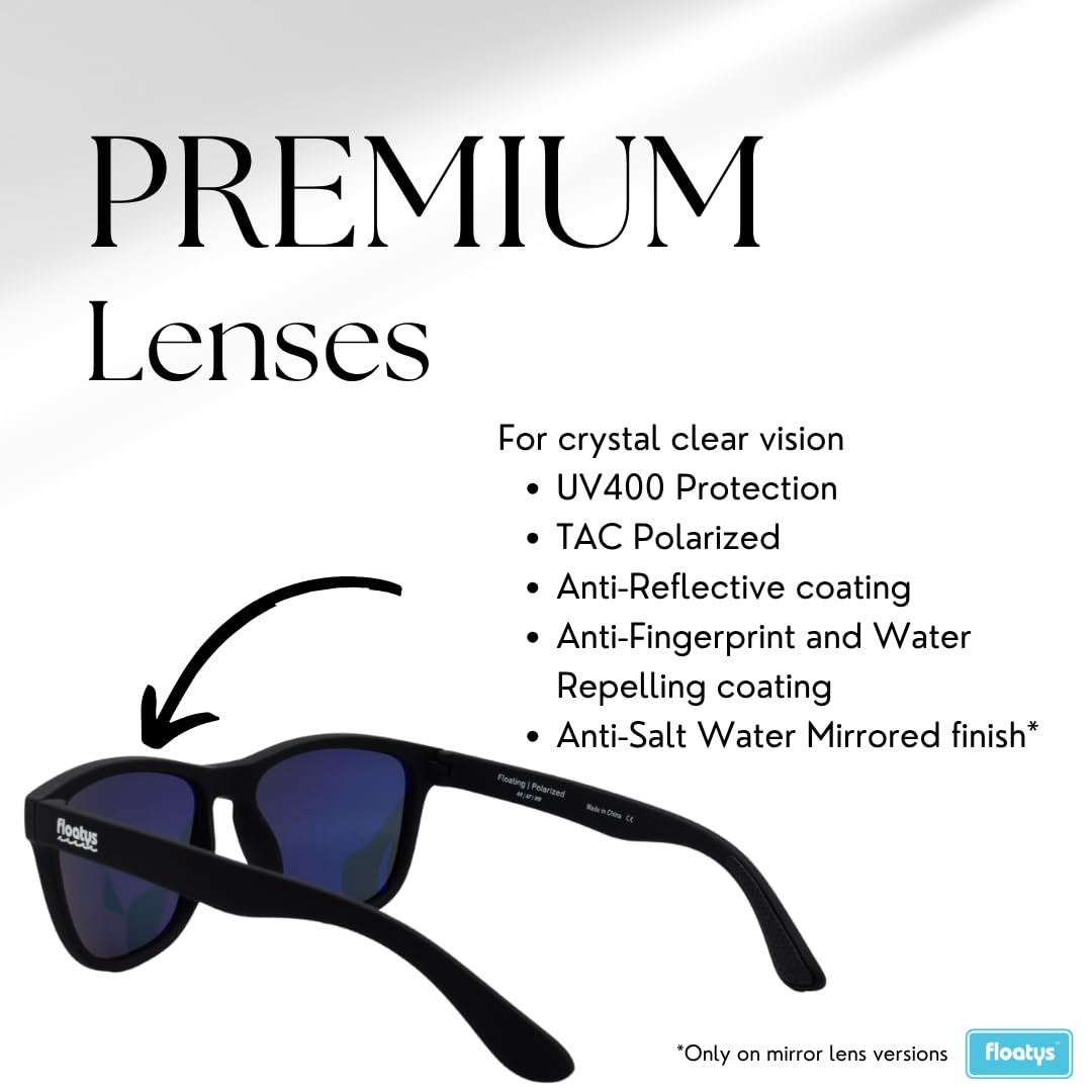 Floatys Floating Sunglasses Rubberized Eddys | Polarized Water Repelling Lenses | No Slip Frame | Lightweight | Men and Women (Black Frame/Blue Mirror Lens)