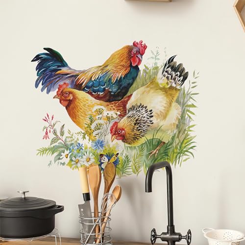 Chicken Roosters Hens Wall Stickers, sacinora Farm Idyllic Wall Decals Rhode Island Red Leghorn Chicken Removable Vinyl Peel and Stick for Farmhouse Kitchen Dining Room Pantry Home Decor