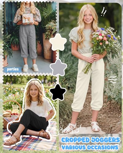 Girls' Capris Sweatpants - 3 Pcs Set, Black + Light Heather Gray + Ivory, 11-12 Years