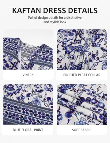 Blue Print Kaftan Dress for Women Floral Plus Size Cover Up - MooMoo