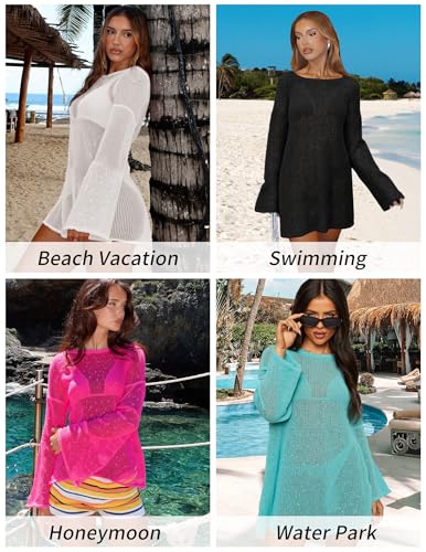 Gleeneat Women's White Large Crochet Cover Up Dress for Beach & Swim