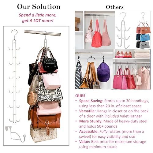 Over Door and Closet Purse Hanger Organizer- 12++ Max Purse Storage, Bag Holder Rotates 360, Quality Heavy Duty Chrome Holds 50lbs; Purses, Handbags, Totes, Crossbody, Backpacks, Fanny, Belt Bags
