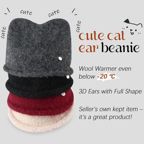 Women's Wool Cat Ear Beanie - Y2K Style Knit Hat - Red