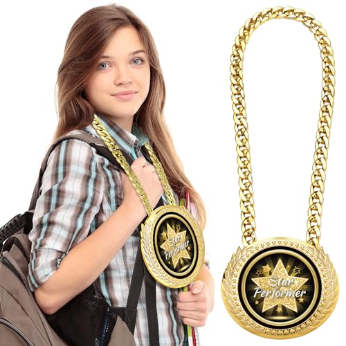 Tondiamo 6-Inch Gold Star Performer Award Medal with Chain - Graduation & Event Trophy (Variation 1)