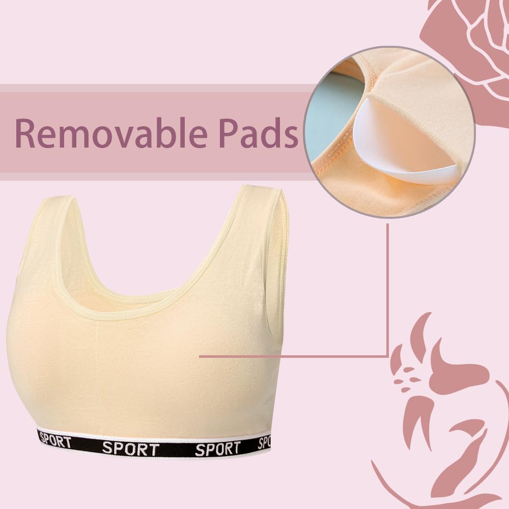 YoBeLove 5 Pack Girls'Cotton Sports Bra with Removable Pads Comfort Wireless Underwear for Teens 12-15 Years Multicolor