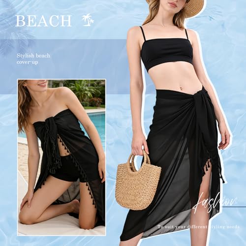 Women’s Beach Sarong Wrap Skirt - 2PCS Lightweight & Quick-Drying - Long Black & Short White